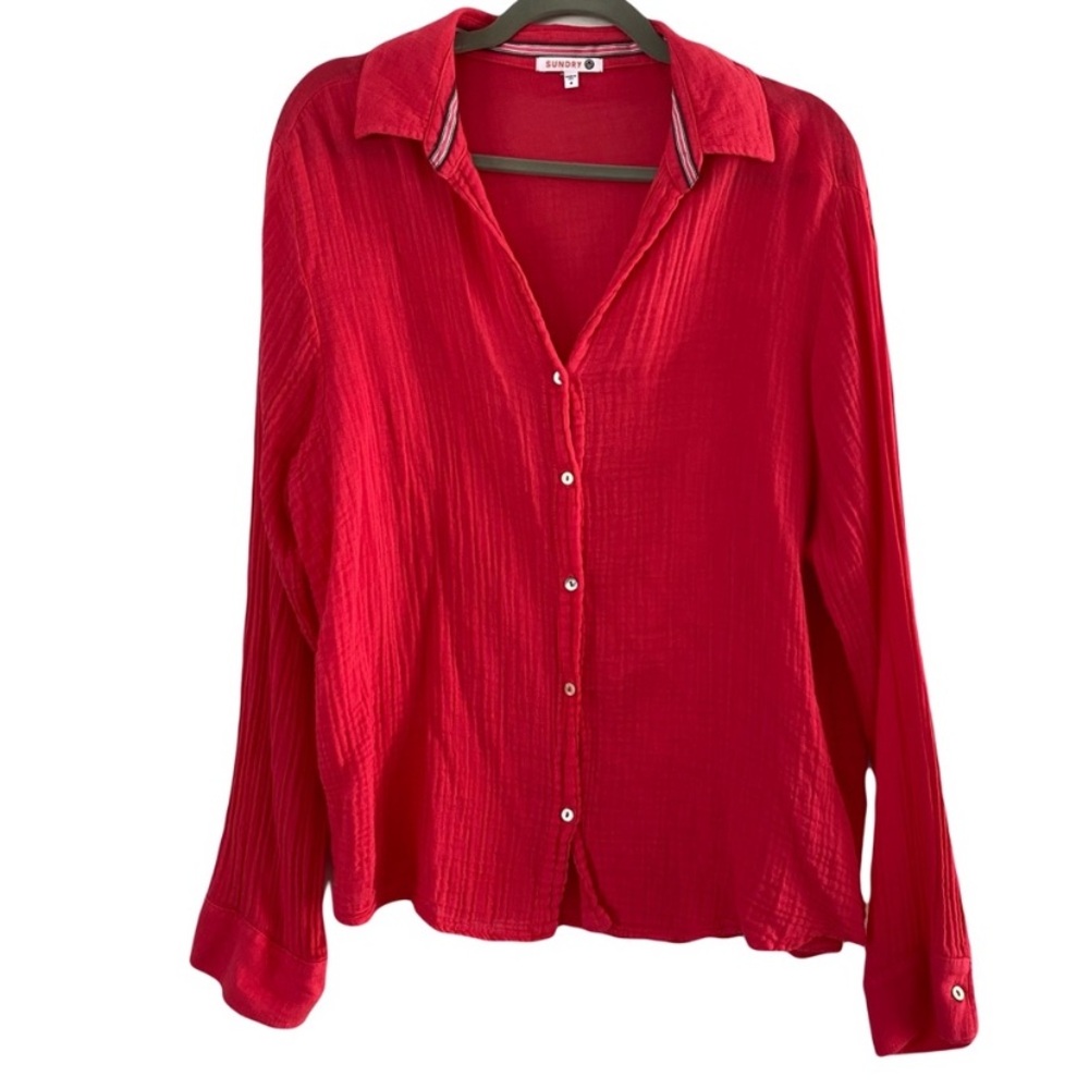 Sundry‎ Gauze Cotton Hot Pink Button Up Coastal Casual Shirt Size 4 X-Large
